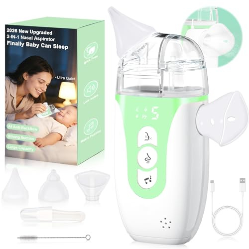 Noxzen Nasal Aspirator for Baby,2-in-1 Smart Electric Nose Sucker, 2026 Upgraded with AI Anti-Backflow Protection,70Kpa Hospital-Grade Suction,15ml Large Capacity,5 Levels,Ultra-Quiet with Music-Green