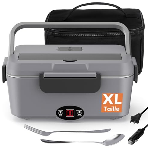 Gamelle Chauffante Electrique - Lunch Box Isotherme avec Minuterie - Boîte Repas Chaude Portable pour Bureau, Voiture, Camion - 1.8L en Acier Inoxydable Qualité Alimentaire - 110V/220V & 12V/24V