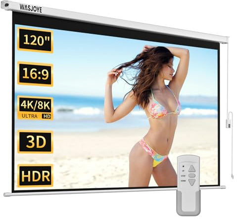 WASJOYE 120 Écran de Projecteur Motorisé, Toile Videoprojecteur Électrique Diagonale Automatique Projection 16: 9 8k Film HD Écran pour Home Theatre Cinema Office Video Game Indoor avec Télécommande