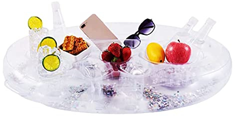 Inflatable Floating Drink Holder, Leak-proof Inflatable Pool Drink Tray with Cup Holders, Large Capacity Transparent Floating Snack Tray for Hot Tub, Beach, Bar & Pool Party (1pc)