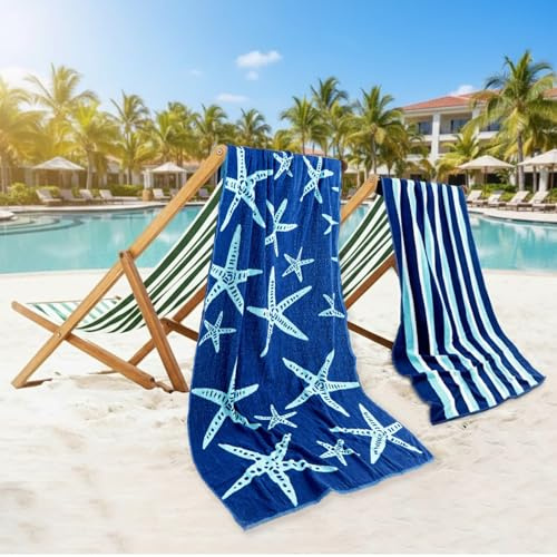 Casa Copenhagen Miami Teli da Spiaggia, Set Regalo da 2 Pezzi – Stelle Marine a Righe Blu Navy e Turchesi, Teli Piscina Extra-Large 75x150cm, 100% Cotone(Set Regalo Estivo Perfetto per Donne e Uomini)