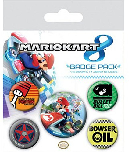 Super Mario Kart 8, 1 X 38mm & 4 X 25mm Chapas Set De Chapas 15x10 cm