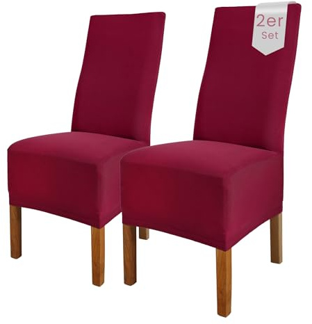 Scheffler Home Stuhlhussen 2er Set Bordeaux Jersey Baumwolle Emma | Waschbare Stuhlbezüge, Stretch Chair Cover für Hochlehner, Polsterstühle und Esszimmerstühle, Öko-Tex zertifiziert