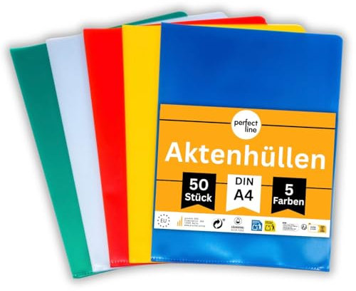 perfect line – 50 Aktenhüllen A4 farbig sortiert – genarbte Einsteckhüllen mit Öffnung oben & seitlich (Typ L), 5 Farben, 115 µ Folienstärke – dokumentenecht, säurefrei, reißfest, Made in EU