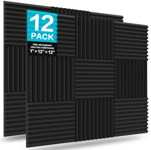 JBER 12 Pack Acoustic Foam Panels, 1 X 12 X 12 / 2.5 X 30 X 30cm Studio Soundproofing Wedges Fire Resistant Sound Proof Padding Acoustic Treatment Foam (Black)