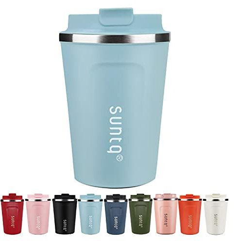 SUNTQ Kaffeebecher to go aus Edelstahl - Thermobecher Doppelwand Isoliert - Kaffeetasse mit Auslaufsicherem Deckel Wiederverwendbar (Himmel Blau, 380ml)