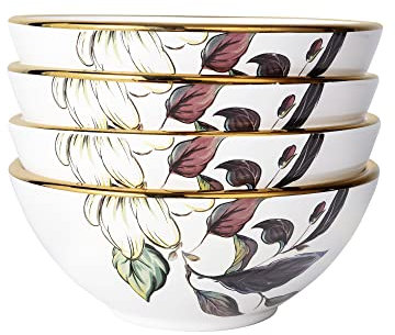 fanquare - Cuencos de porcelana moderna (4 unidades, 280 ml, cuenco de cereales, diseño japonés de flores y hojas, cuencos para sopa, pequeños)