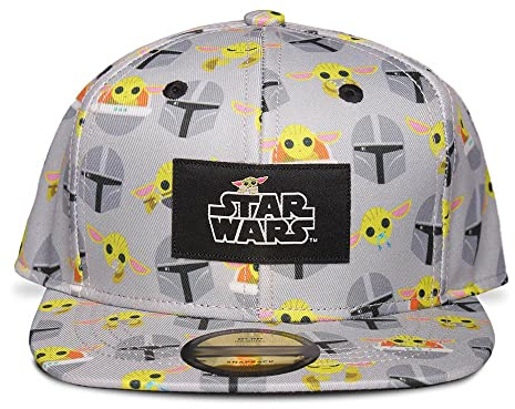 Star Wars Herren The Mandalorian Logo Patch with Helmet and Grogu All-Over Print Snapback Baseball Cap Baseballkappe, Schwarz, 56