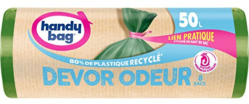 Handy Bag - Sacs poubelle à lien pratique Dévor Odeur 50L x 8 sacs - Système absorbeur d'odeurs - Ultra Résistant - Étanchéité maximale - Lien Pratique attaché en haut du sac - 100% plastique recyclé