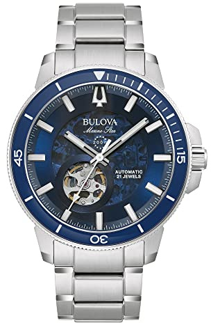 Bulova Marine Star Automatik Herren Armbanduhr aus Edelstahl in der Farbe Silber-Blau 45mm, Wasserdichtigkeit: 20Bar, 96A289