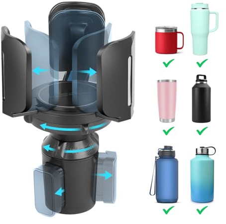 Cup Holder Expander for Car with Adjustable Holder & Base, Compatible with 10 to 64 oz Yeti Ramblers, Stanley, Hydro Flask, Nalgene, Hold 2.9 to 5.5 Large Bottles Mugs Food Drink, Car Cup Holder