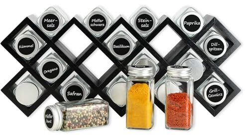 Schramm® Bambus Gewürzregal schwarz mit 18 Gewürzgläsern inkl. 40 Labeln, Trichter, Reinigungsbürste 44 x18,5 x 9,5 cm Gewürzständer stehend