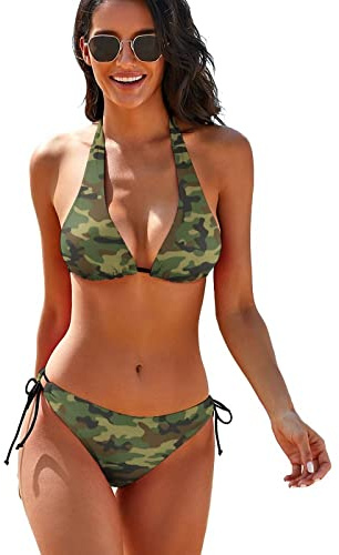 SKT T1 Damen-Bikini-Set, 2-teilig, Badeanzüge für Damen, Neckholder-Bikinioberteil, Triangelhose, Strand-Badeanzug, Army Green Camouflage, XX-Large