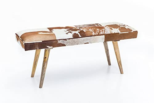 möbelando Sitzbank Ziegenfell/Massivholz Bank 120 x 40 x 52 cm | Polsterbank Flur Esszimmer Braun | Kleine Bettbank Fell | Dielenmöbel Flurbank