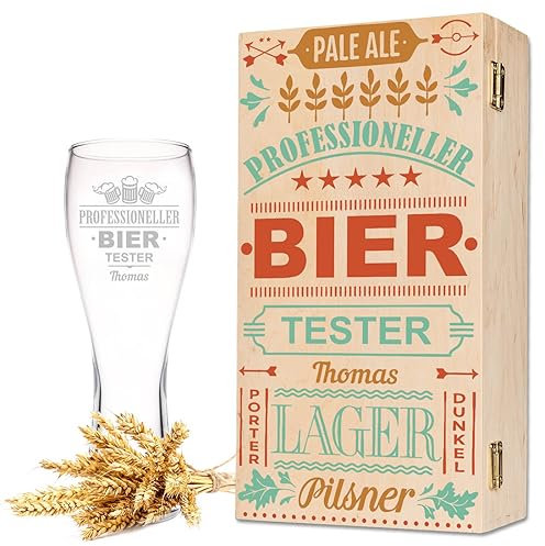 Leonardo Weizenglas mit Gravur - Professioneller Biertester - Personalisiert mit Namen inkl. Holzkiste - Geschenke für Papa zum Vatertag - Geschenk für Bierkenner - Geschenkidee für Ihn - 500 ml