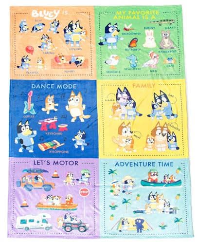 Jay Franco Bluey Early Education Learning Blanket - Measures 60 x 90 Inches - Super Soft Plush Teaching Blanket for Children – Music, Vehicles & Animals Kids Bedding