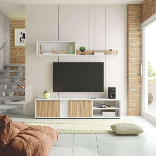 Habitdesign Salón TV Reversible, Mueble televisión, Modelo Ecco, Acabado Blanco Artik y Natur, Medidas: 40 cm (Alto) x 180 cm (Ancho) x 33 cm (Fondo)