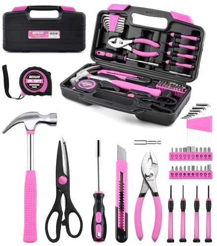 DIFFLIFE Ensemble d'outils rose - 40 pièces - Kit d'outils manuels généraux pour la maison avec boîte de rangement en plastique (rose)