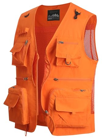 MeiLayM Uomo Multi-Tasca Gilet All'aperto Pesca Gilet Leggero Traspirante Panciotto Senza Maniche Asciugatura Rapida Giacca Lavoro Sport Giubbino Caccia Fotografi Gilet Arancione,3XL