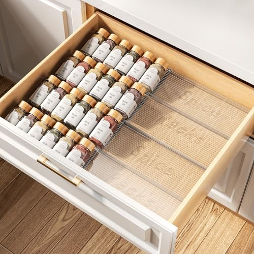 PanPanPal Spice Drawer Organiser, 2 Tiers, Set of 4, Clear | Spice Rack for Inside Drawer, Adjustable Seasoning Organizer for Cupboard, Acrylic Drawers Shelf for kitchen