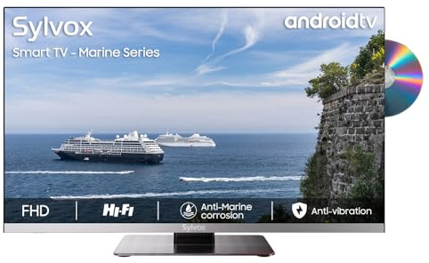 SYLVOX 12 Volt TV, 22 Zoll Camping Travel Fernseher, 1080P Smart Android TV integriertem DVD-Player, Rahmenloser DC/AC Powered Triple Tuner WiFi Bluetooth für Wohnmobil Truck Caravan HGVS Boote