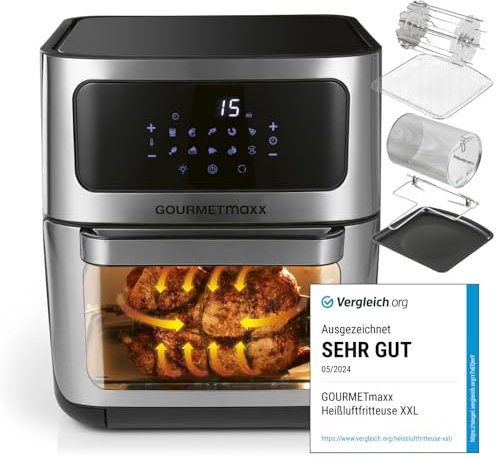 GOURMETmaxx Friggitrice digitale XXL ad aria calda da 12 litri – forno, griglia e friggitrice con finestrella | Preparazione a basso contenuto di grassi e delicata quasi senza olio | 9 programmi,