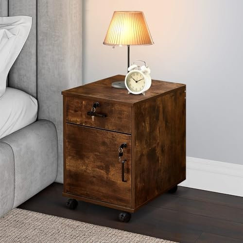 CLIPOP Rollcontainer Abschließbare Aktenschrank Holz mit Schublade und Geschlossenem Speicher,Mobile Unter Schreibtisch Schrank für A4 Papier und Aktenordner,Vintage Braun