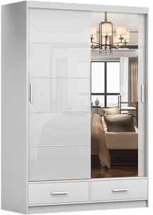 Kleiderschrank mit Spiegel weiß - Schwebetürenschrank - Schlafzimmerschrank - 61 x 150 x 218 cm - Wohnzimmerschrank - Garderobenschrank, Schrank mit Zwei Türen, Schubladen - Imoebel24