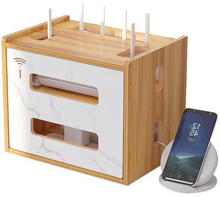 Catekro WiFi Router Regal, Router Cabinet, Etagere Pour Decodeur, Router Regal Stehend, Wandregal für Router, Holz WiFi Router Aufbewahrungsbox für Raumdekoration (Braun)
