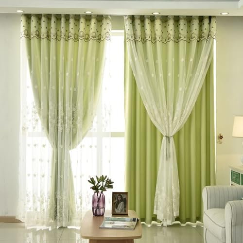 Bishilin Verdunklungsvorhänge Grün 2er Set, Gardinen Blickdicht Ösen 102x138CM Nordisch Doppellagig Stickerei mit Blumen Motiv Polyester Vorhänge Wohnzimmer Jugendzimmer Kinderzimmer
