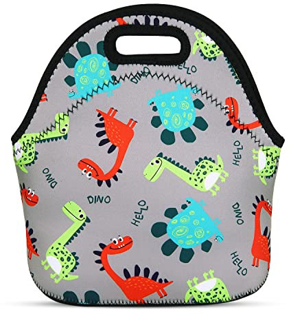 JIMOWANG Grey Dinosaur Cute Neoprene Lunch Bag Reusable Lunch Box Insulated Lunch Bags Tote Cartoon Thermal Picnic Waterproof Lunch Handbag