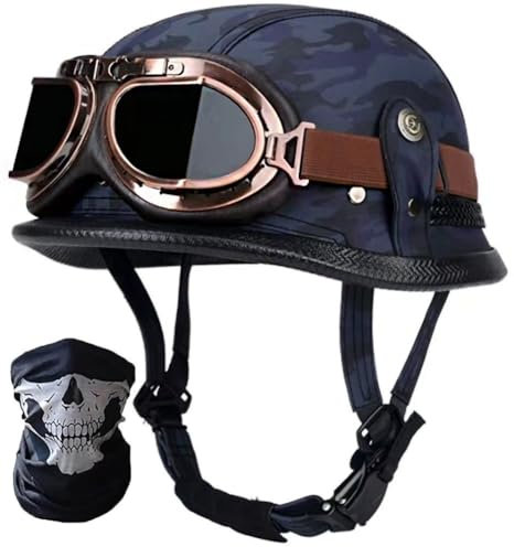 STTTBD Casco Jet Casco Moto retrò, Casco Mezza Calotta in Stile Tedesco, Casco Chopper Vintage Mezza Faccia da Uomo e da Donna, Casco Scooter, con Maschera Occhiali, Omologato DOT/ECE E,M=57-58cm