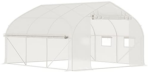 Outsunny Serre de Jardin Tunnel, 10,4 m², Serre de Jardin, Anti-UV, Porte zippée Enroulable, fenêtres en Maille, Tube d'acier galvanisé et PE 140g/㎡, 350 x 300 x 200 cm, Blanc