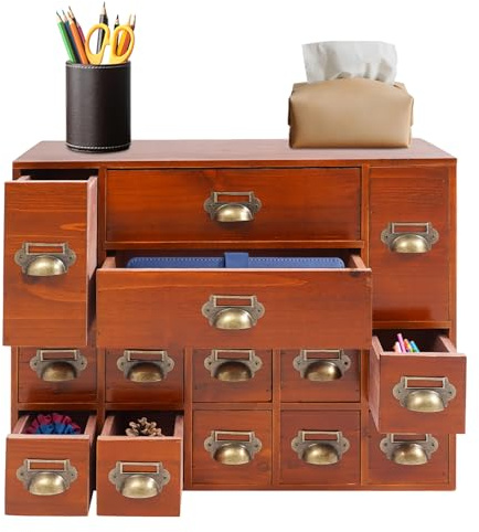 sjcdicnj Vintage Medicine Cabinet with 14 Drawers, Wood Chinese Apothecary Cabinet with Drawers & Labels, Library Card Catalog Desktop Medicine Organizer Herbar (Brown)
