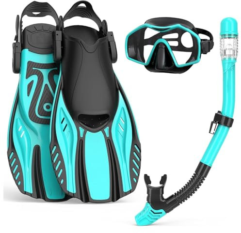Schnorchel-Set für Erwachsene mit Flossen, Schnorchelmaske mit verstellbaren Schwimmflossen, Trockenschnorchel, Panoramablick, Schwimmbrille, Schnorchelpakete, Schnorchelausrüstung zum Schnorcheln