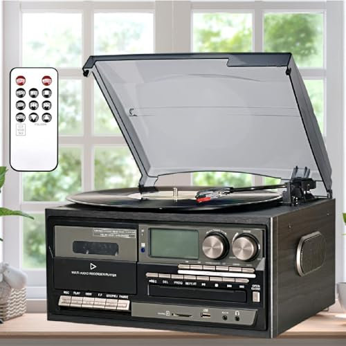 XEEAOFE Giradischi in Vinile con Doppi Altoparlanti Esterni, Giradischi Vintage Bluetooth A 3 velocità, Lettore CD con Cassette, Radio Am/FM, Registratore USB,Black-220V