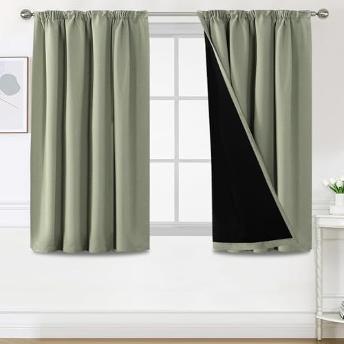 BellaHills 100% Blickdicht Vorhang mit Kräuselband 2er Set H137 x B117 cm Schlafzimmer Gardinen Blickdicht Verdunklungsvorhänge Thermal Curtains Blackout Vorhang, Salbei Hell
