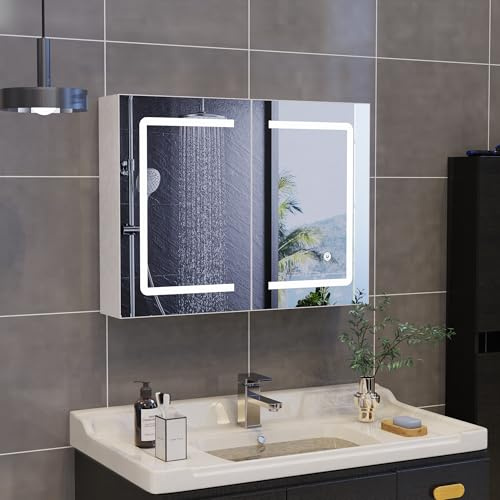 Fofetbfo Spiegelschrank Bad mit Beleuchtung 80x13,5x60cm, Doppeltür Badezimmerschränke mit Spiegel und Offener Speicherplatz, Badspiegel, Touch-Schalter, 3 Lichtfarbe Einstellbare, für Badezimmer, WC