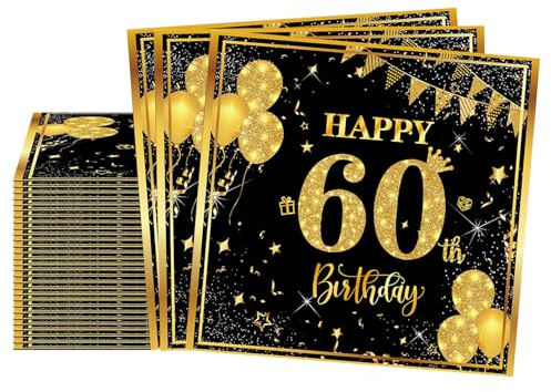Schwarz Gold Servietten 60. Geburtstag Mann Frau, 20 Stück 33 X 33cm Happy Birthday Papier Servietten 60 Deko, 2-Lagig Cocktail Serviette 60 Geburtstag für Feier Jubiläum Tischdekoration