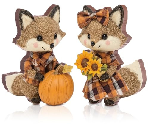 DoubleFill 2 Pcs Fall Fox Figurine Thanksgiving Wooden Fox Figurines Table Decoration for Autumn Thanksgiving Gifts Home Office Centerpiece Decor Party Supplies (Classic Style)