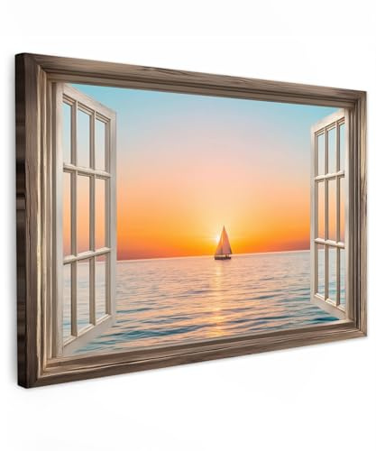 MuchoWow© Cuadros Decoracion Salon Modernos Dormitorios Cuadro Decorativos | 90x60 cm - de Lienzos Decorativo Decoración Cabecero Cama Marco - Embarcación - Atardecer - Océano