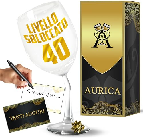 Aurica Calice Vino Personalizzato LIVELLO SBLOCCATO 40 - Regala Un Bicchiere Piegato Dal Design Creativo Perfetto Per Brindare Ai 40 Con Ironia E Stile! Un'Idea Originale Con Confezione Regalo Inclusa