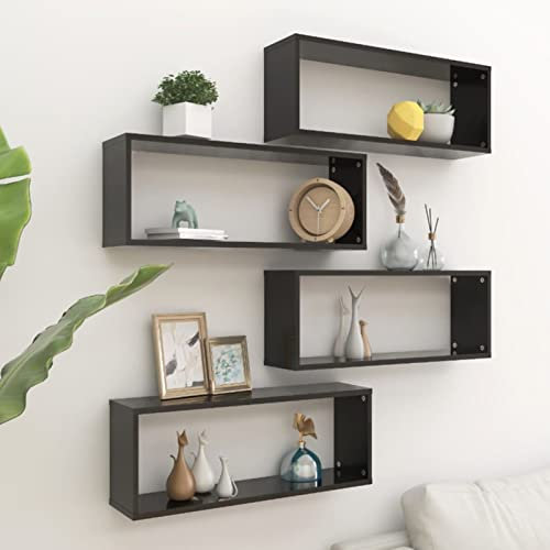 Lot de 4 étagères murales cubiques modernes noires - 60 x 15 x 23 cm - En panneaux de particules - Rangement mural élégant pour couloir, entrée et salon