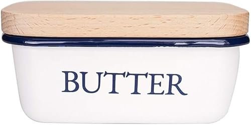 IGGLL Mantequera, Mantequera, Mantequera esmaltada con Tapa de Madera versátil, decoración Moderna de Cocina rústica, Regalos de Cocina, mantequera