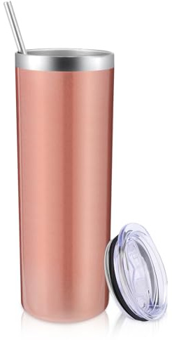 Volhoply 600ml (20oz) Skinny Tumbler with Lid and Straw, Stainless Steel Straight Tumblers Cup, Vacuum Insulated Coffee Mug for Home, Office, Travel, DIY (Rose Gold,1 Pack)