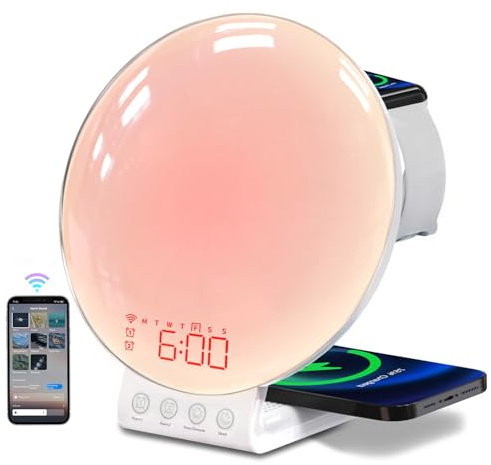 MOMILLA Sunrise Alarm Clock 3-in-1 Wireless Charging Station, App-Controlled Sound Machine White Noise, Sunrise Sunset Light, Bedside Wake-Up Lamp and Night Light for Heavy Sleepers