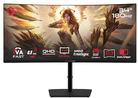 GAMEON 34-Inch Curved WQHD 2K Gaming Monitor – 180 Hz, 0.5 ms MPRT, Fast VA Panel (1500R), HDR10, HDMI 2.1, FreeSync & G‑Sync Compatible – Computer Monitor for PC & PS5 - Black