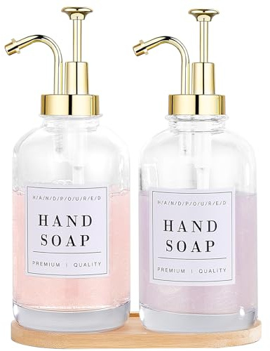 KSITEX Distributeur de savon 2 pièces, ensemble de distributeur de savon pour vaisselle et mains en verre pour cuisine et salle de bain, ensemble de distributeur de savon pour les mains et de lotion