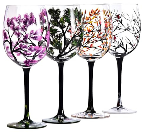 Bicchieri Da Vino Decorativi, Bicchieri Dipinti Da Artigiani Dell'Albero Delle Quattro Stagioni, Bicchieri Per Donne E Uomini, Bicchieri Grandi Per Gli Amanti Del Vino(Four itemsA)