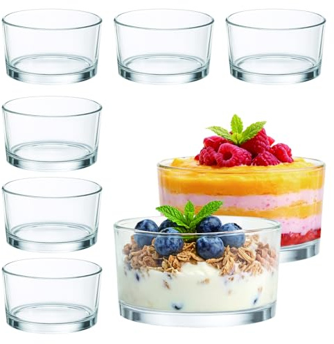 YBCPACK 8 stycken dessertglas 200 ml, transparenta dessertskålar och isskålar av glas, slät och klar, stapelbara, tjockväggiga, diskmaskinssäkra för tiramisu, pudding, yoghurt, müsli